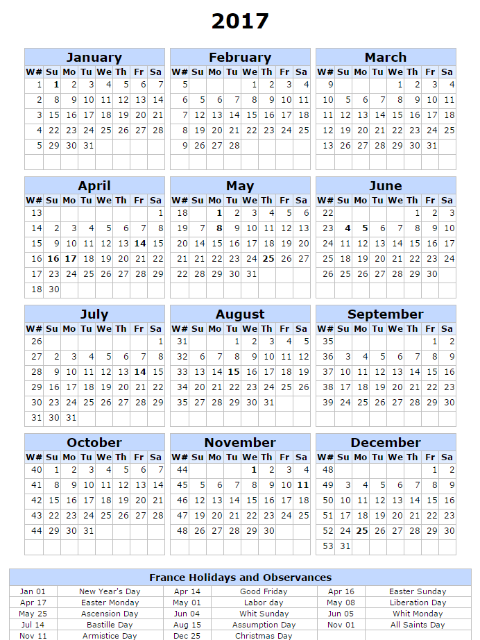 France 2017 Calendar with France 2017 Calendar with